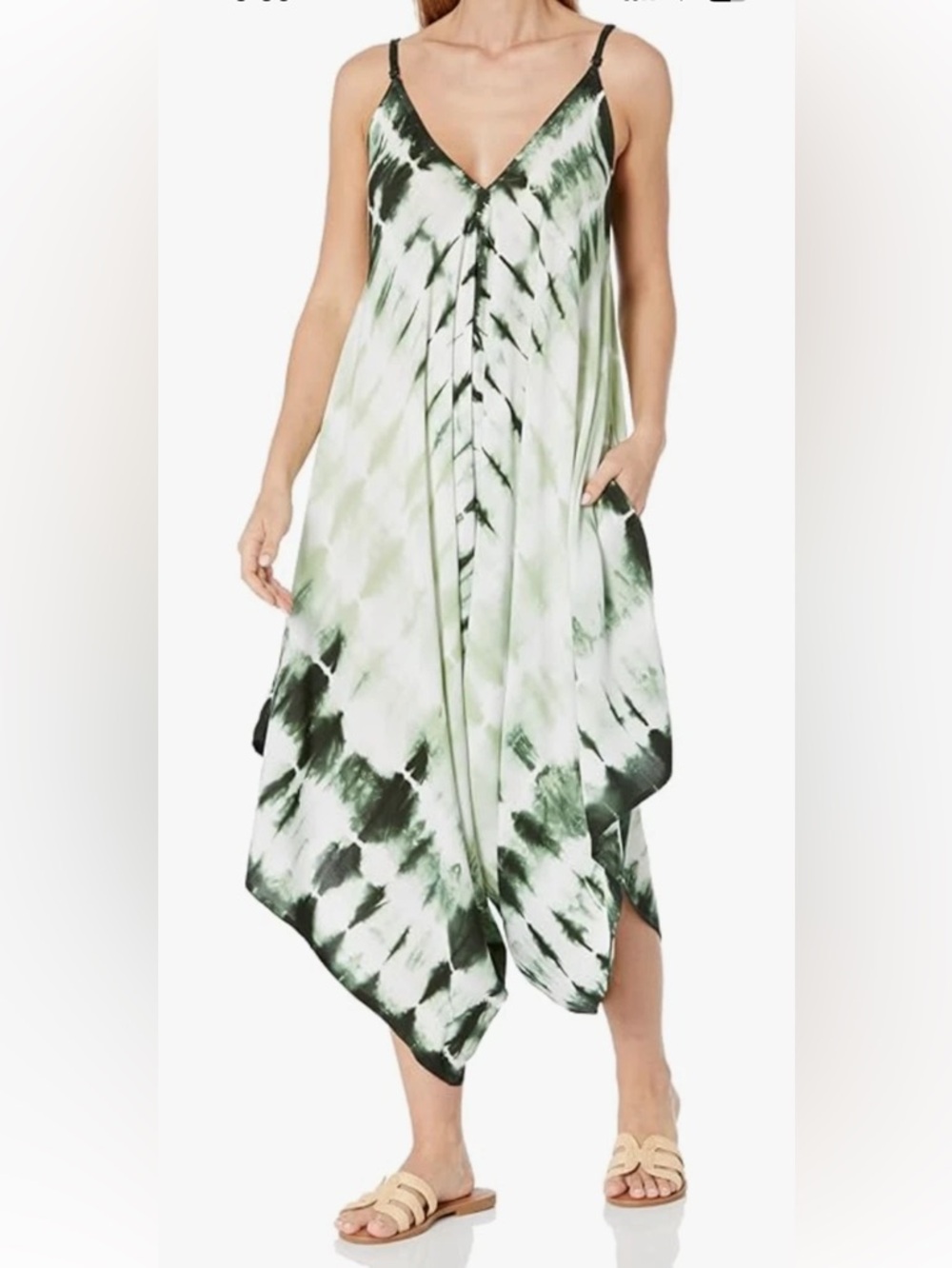NWT ANGIE Women's Green/White Tie Dye V-neck Romper Jumpsuit sz L